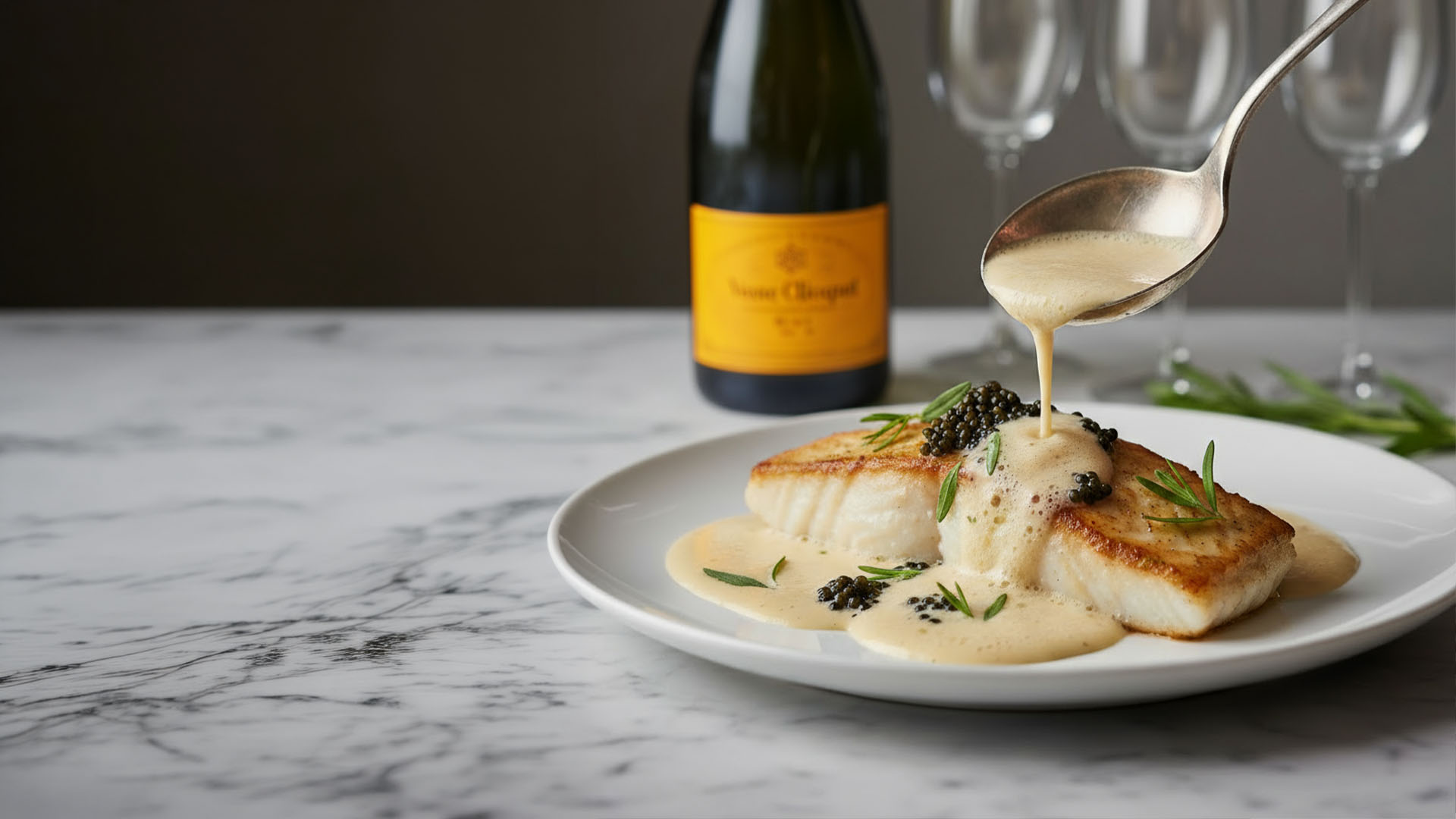 Pan-seared fish with champagne cream and caviar