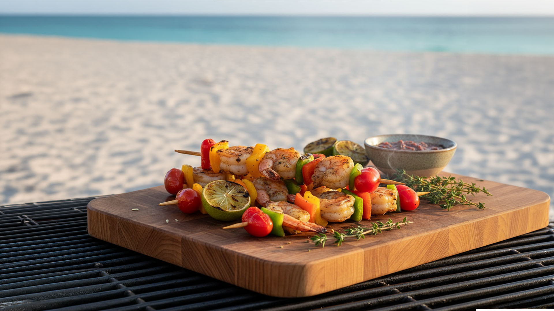Jerk shrimp skewers on a beachside grill